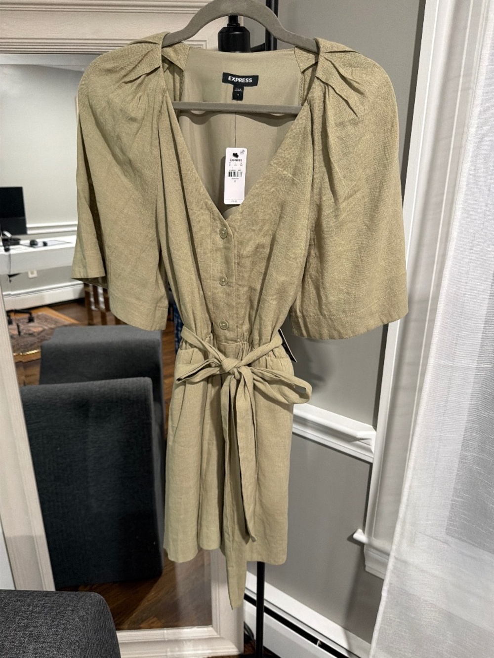 Express Women’s Beige/Tan Linen-Style Wrap Jumpsuit/Romper with a button front,